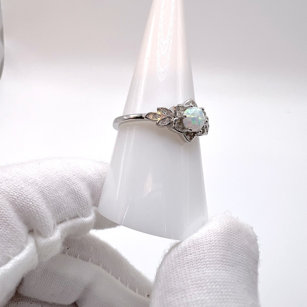 .925 Sterling Silver Lab Created White Opal Floral Ring - Picture 8 of 16